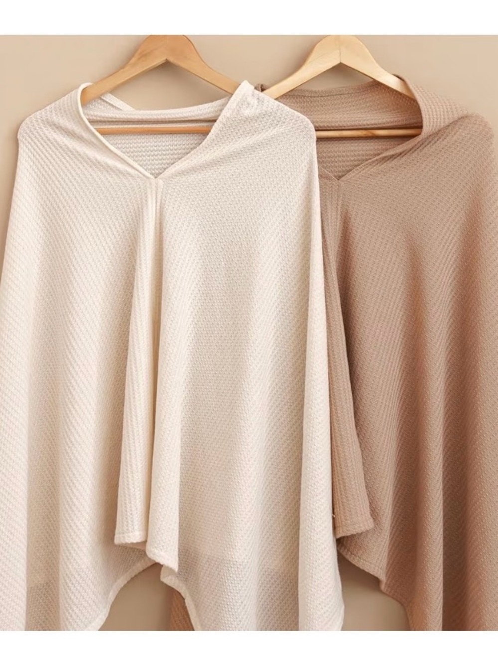 Women’s Cozy V-Neck Knit Sweater Poncho - Cream and Tan